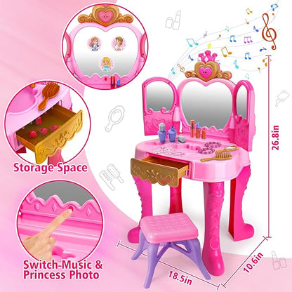 Toddler Vanity Magic Makeup Set Table & Chair Girl Toy Automatically Mirror with Music Light Pink Toys for 2 3 4 Year Old Girl Hair Salon Pretend Play Princess Dress Up Playset Valentine Gift Age 3-5
