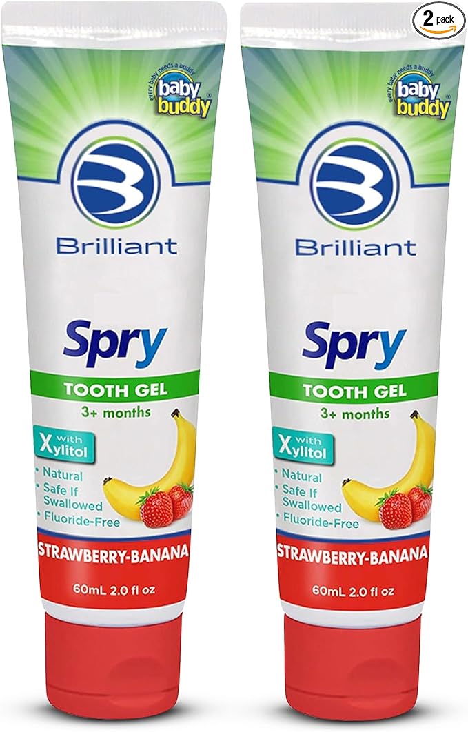 Brilliant Oral Care Kids Fluoride Free Toothpaste, Spry Gel with Xylitol, Strawberry Banana Flavor for Ages 3+ Months, 2 fl oz, 2 Pack