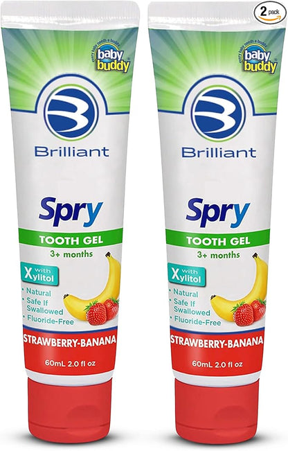 Brilliant Oral Care Kids Fluoride Free Toothpaste, Spry Gel with Xylitol, Strawberry Banana Flavor for Ages 3+ Months, 2 fl oz, 2 Pack