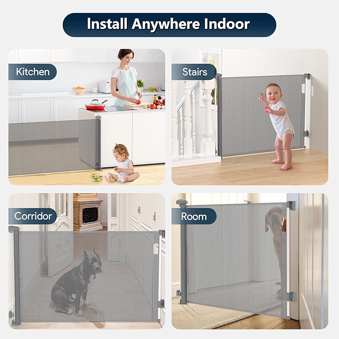 Bulubaky Extra Tall Safety Retractable Baby Gate Adjustable Wide Retractable Dog Gate Mesh Baby Gate Child Gate for Doorway, Hallway, Stair Gates for Kids or Pets (Grey, 33" Tall x 110")