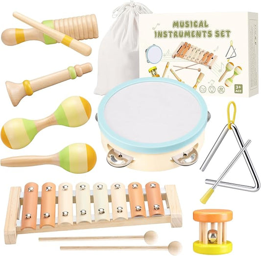 Baby Musical Instruments Montessori Wooden Music Toys Set 1-3 Gifts Kids Toddler Percussion Drum Modern Boho Xylophone with Storage Bag Boys Girls Birthday Christmas Preschool Learning Gifts