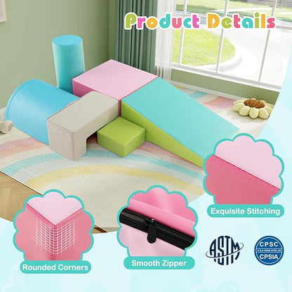 HONEY JOY 6-Piece Climb and Crawl Playset, Soft Climbing Foam Block Activity Play Structure Gym Equipment for Infant Baby, Color Coordination, Waterproof Indoor Climbing Toys for Toddlers (Green)