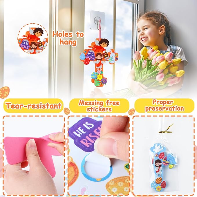 Qyeahkj 32 Sets Sunday School Foam Craft for Kids He is Risen Bookmark Craft DIY Easter Religious Craft Kit Easter Egg Bunny Foam Stickers Cross Craft for School Home Activities Party Favor