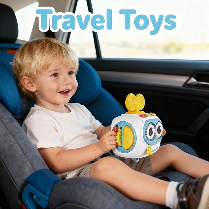 MoraBaby Robot Musical Busy Cube for Toddlers 1-3 Years Old, Montessori 6-in-1 Activity Cube with Lights & Sounds, Wheels for Tummy Time & Crawling Training, Birthday Gifts for Baby boy & Girl