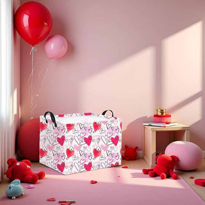 HIYAGON Rectangular Valentines Basket Fabric Storage Bin Storage Boxes Collapsible Storage Basket for Clothes Books Shelves Basket(Pink Purple Heart)
