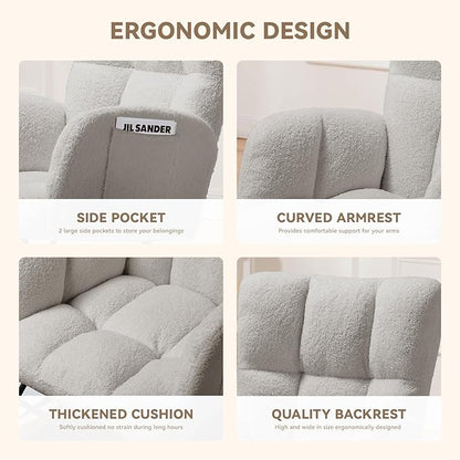 COMHOMA Nursery Rocking Chair, Teddy Upholstered Glider Rocking Chair with Side Pockets, Accent Chair with High Backrest Reading Chair for Adult, Nursery, Bedroom, Living Room,Offices (Grey)