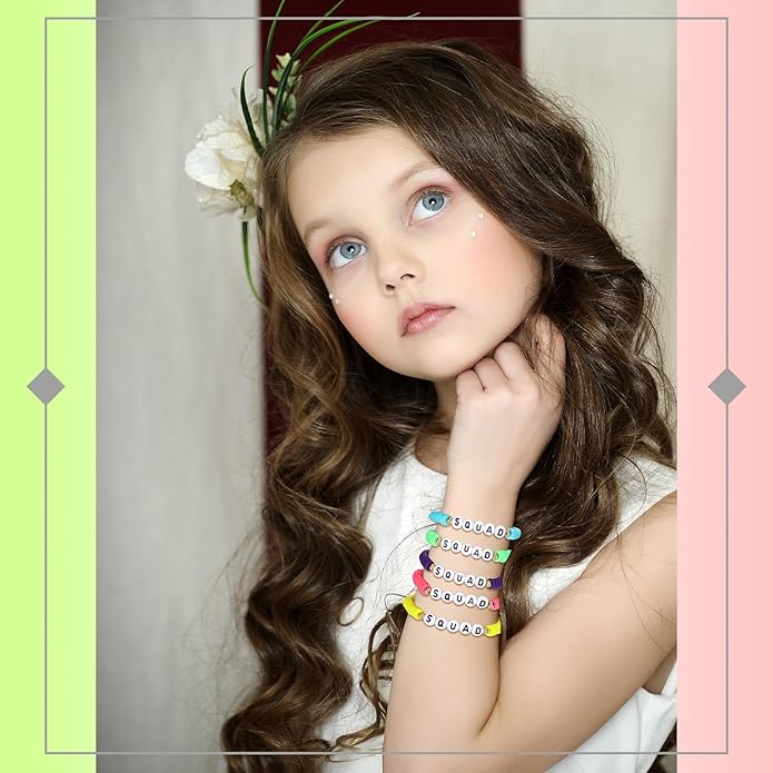 Sureio 24 Pcs Colorful Friendship Bracelets Letter Heart Smile Bracelet Surfer Bracelets Stretch Beaded Kids Bracelet for Girls Women Back to School Tween Girl Party Favors