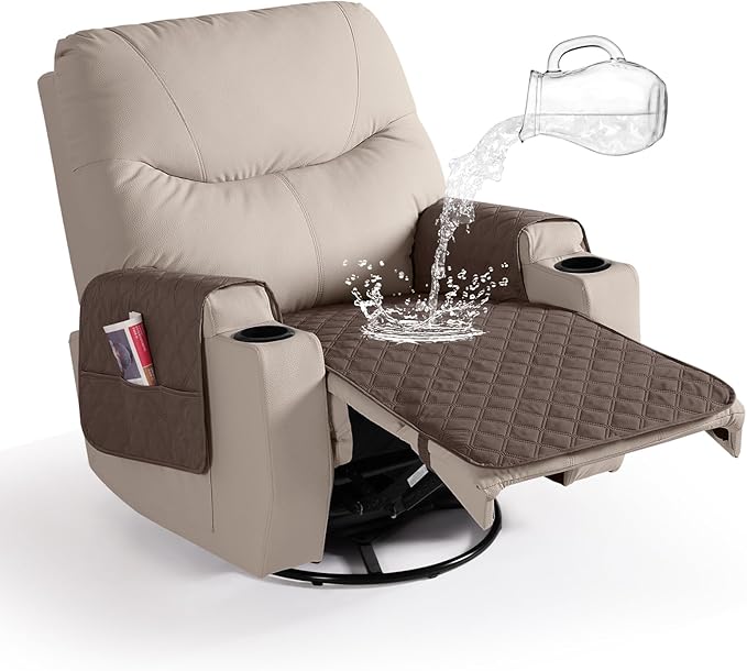Ruaozz Waterproof Recliner Chair Covers Non Slip Chair Covers Washable Recliner Covers for Reclining Chair with Pockets Covers for Recliner Chair for Pets, Kids (Brown, Medium-25'')