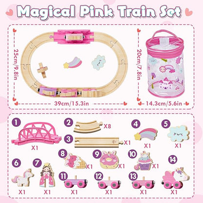 Lehoo Castle Wooden Train Set for Girls, Unicorn Train Set for Toddlers 2-4, Wooden Train Track with Storage Bag, Pink Train Fantasy Toys for 3 Year Old Girl Christmas Birthday Gifts