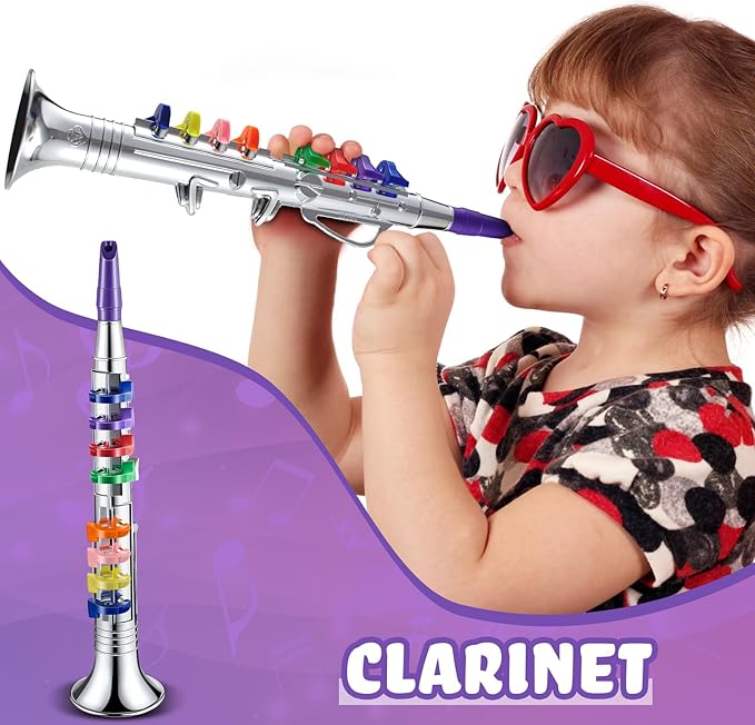 Lewtemi Silver Clarinet Musical Instruments Toy for Kid Toddler Fake Plastic Preschool Music Toy Gift Portable Wind Instrument Early Educational Teaching Songs Toy Gifts for Toddlers Children
