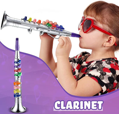 Lewtemi Silver Clarinet Musical Instruments Toy for Kid Toddler Fake Plastic Preschool Music Toy Gift Portable Wind Instrument Early Educational Teaching Songs Toy Gifts for Toddlers Children