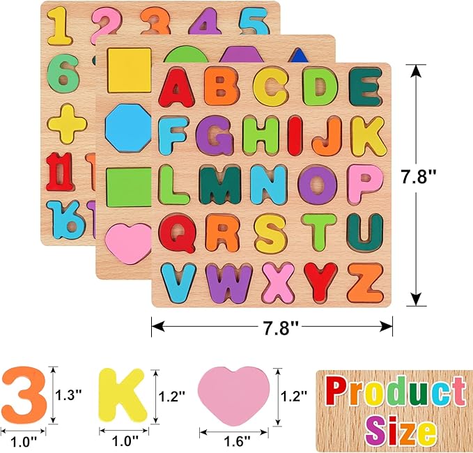 Attmu Wooden Puzzles for Toddlers 1 2 3 4 5 Year Old, Alphabet Puzzle Number Puzzle Shape ABC Puzzle, 3 in 1 Preschool Educational Learning Toys with Puzzle Board for Girls Boys Set of 3