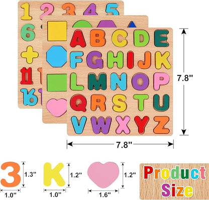 Attmu Wooden Puzzles for Toddlers 1 2 3 4 5 Year Old, Alphabet Puzzle Number Puzzle Shape ABC Puzzle, 3 in 1 Preschool Educational Learning Toys with Puzzle Board for Girls Boys Set of 3