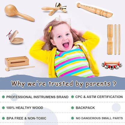 LOOIKOOS Toddler Musical Instruments, Eco Friendly Music Set for Kids Preschool Educational, Natural Wooden Percussion Instruments Musical Toys for Boys and Girls with Storage Bag