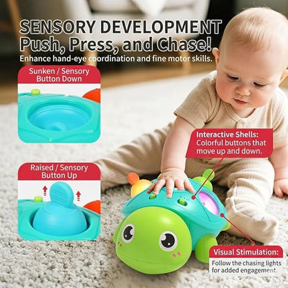 3-in-1 Musical Crawling Turtle Baby Toy - Tummy Time Toy with Smart Obstacle Avoidance, Push-and-Pop Sensory Shell & Sleep Soothing, Baby Infant Toys for 0-12 Months