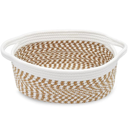 ABenkle Small Basket, 12"x 8" x 5" Cute Small Woven Basket, Rope Room Shelf Storage Basket, Cat Dog Toys Basket Chest Box, Decorative Empty Gift Basket with Handles