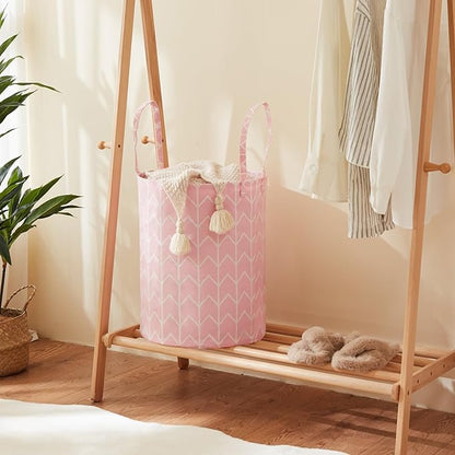 Large Storage Basket for Girls and Boys, Collapsible Laundry Hamper with Long Handles, Toy Bins for Nursery, Kids Room Décor Pink Geometry