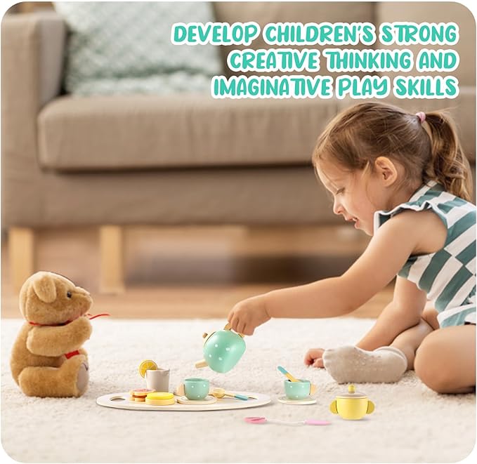 GAGAKU Wooden Tea Set for Little Girls,Wooden Toys Toddler Tea Set Play Kitchen Accessories for Kids Pretend Play Food Playset for Kids Tea Party 15Pcs
