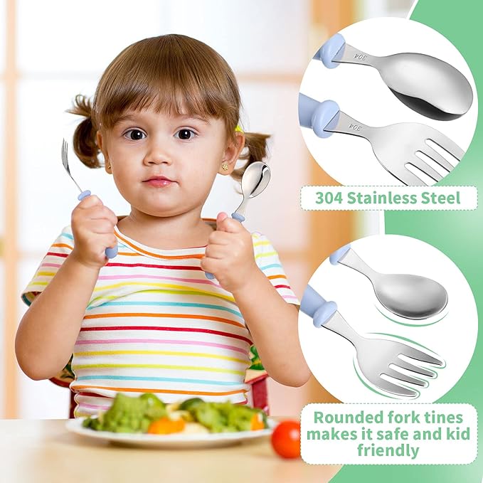 9 Pieces Toddler Utensils Stainless Steel Fork and Spoon Safe Baby Silverware Set, Kid Safe Utensils Children's Flatware Kids Cutlery Set with Round Handle for LunchBox (Blue, Green, Pink)