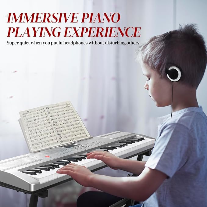 Ktaxon 61 Key Keyboard Piano Electric Keyboard w/Lighted Keys, Electric Piano Set with Headphones, Microphone, Music Rest, Power Adapter, Stand, Piano Bench and Manual (Full-Sliver)