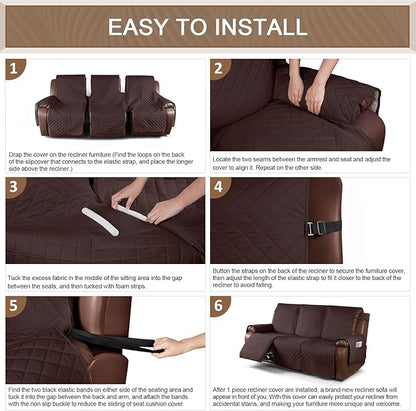 KinCam Waterproof Recliner Sofa Cover, Non-Slip Reclining Couch Covers for 3 Seat, Recliner Couch Cover Furniture Protector with Elastic Straps for Pets, Kids, Coffee