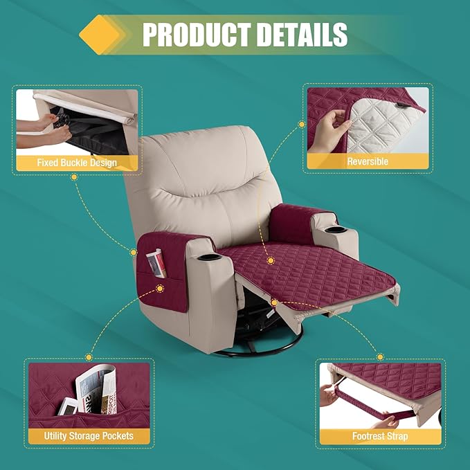 Ruaozz Waterproof Recliner Chair Covers Non Slip Chair Covers Recliner Seat Cover with Arms Washable Recliner Covers for Reclining Chair with Pocket, Covers for Recliner Chair (Wine, Small-22'')