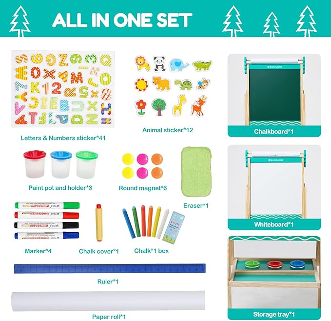 Kids Wooden Easel Foldable Double Sided Whiteboard Blackboard Children Art Easel with Storage, Height Adjustable Easel for Boys Girls Painting and Writing (with Gift Packs)