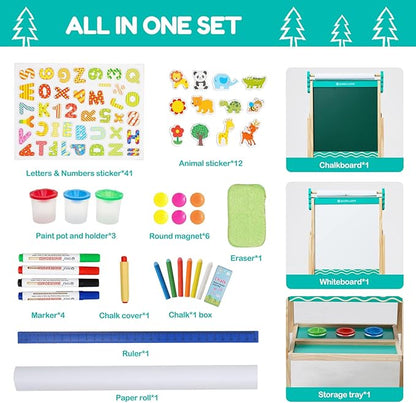 Kids Wooden Easel Foldable Double Sided Whiteboard Blackboard Children Art Easel with Storage, Height Adjustable Easel for Boys Girls Painting and Writing (with Gift Packs)