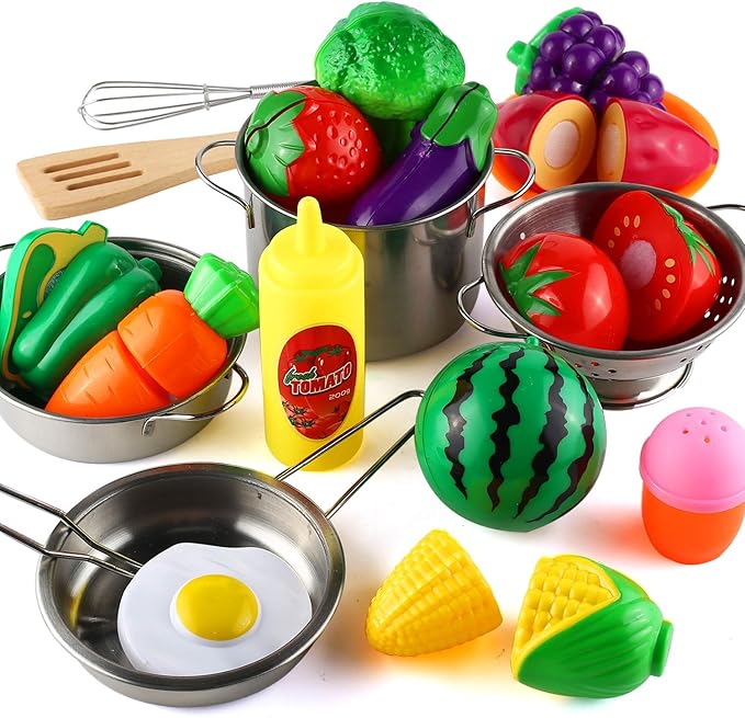 35 Pcs Kitchen Pretend Play Accessories Toys,Cooking Set with Stainless Steel Cookware Pots and Pans Set,Cooking Utensils,Apron,Chef Hat,and Cutting Play Food for Kids,Educational Learning Tool