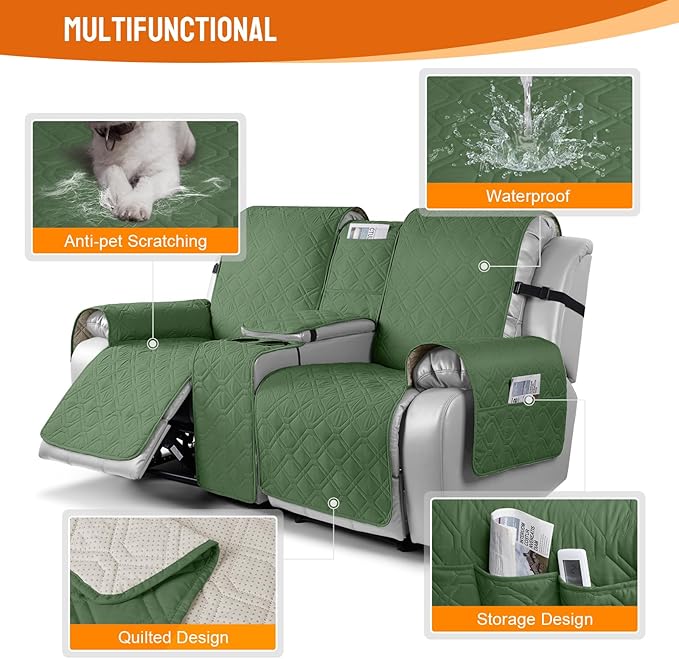 VANSOFY Loveseat Recliner Cover with Console 100% Waterproof Sofa Slipcovers Non-Slip Reclining Couch Cover Split Sofa Covers Furniture Protector for Pets, Dogs(Vine Green)
