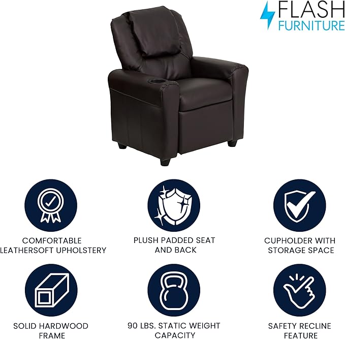 Flash Furniture Vana LeatherSoft Kids Recliner with Cup Holder, Headrest, and Safety Recline, Contemporary Reclining Chair for Kids, Supports up to 90 lbs., Brown