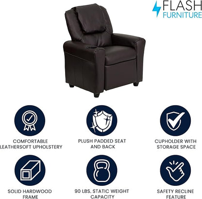 Flash Furniture Vana LeatherSoft Kids Recliner with Cup Holder, Headrest, and Safety Recline, Contemporary Reclining Chair for Kids, Supports up to 90 lbs., Brown