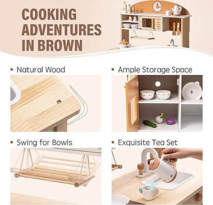 ROBOTIME Wooden Play Kitchen Set, Play Kitchen Set for Kids with Realistic Design, Kids & Toddlers Kitchen Playset with Dishwasher, Toy Kitchen Set for Boys and Girls Ages 3+ (Brown)