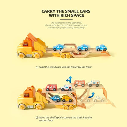 Toddler Car Toys for 2 3 4 5 Years Old Kids, Transport Carrier Truck Toy with 4 Wooden Vehicle, 24IN Foldable Track Trailer with Light & Sound Effects, Best Gift Choice for Christmas, Birthday