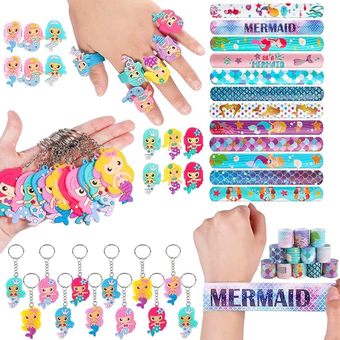 MOVINPE Mermaid Party Favors Personalize Goody Cups with Gift Tags, Filled with Mermaid Themed Reusable Straws Stampers Slap Bracelets Keychains Hair Ties Rings 3D Stickers for Girls