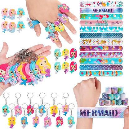 MOVINPE Mermaid Party Favors Personalize Goody Cups with Gift Tags, Filled with Mermaid Themed Reusable Straws Stampers Slap Bracelets Keychains Hair Ties Rings 3D Stickers for Girls