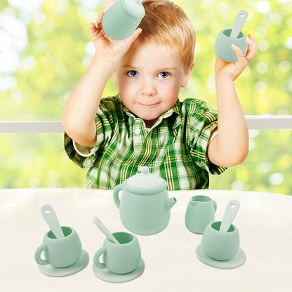 MCGMITT Silicone Tea Set, Tea Party Set for Little Girls Boys, 15 Pcs BPA Free Dishwasher Safe Pretend Tea Set for Toddlers Kids Age 3-6, Cute Toy Kitchen Accessories for Children Birthday Gifts