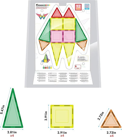 PicassoTiles Magnet Tile Building Block Set Magnetic Construction Square Triangle Tiles Toy Kit Sparking Creativity Geometric Shapes STEM Educational Learning Brain Development Kids Ages 3+ PB12