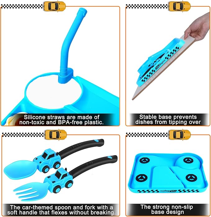 Construction Toddler Plates - Toddler Eating Utensil Set with Removable Straw - Toddler Utensils Set - Baby Plates Feeding Set - for Stocking Stuffers and Birthday Gifts - Blue