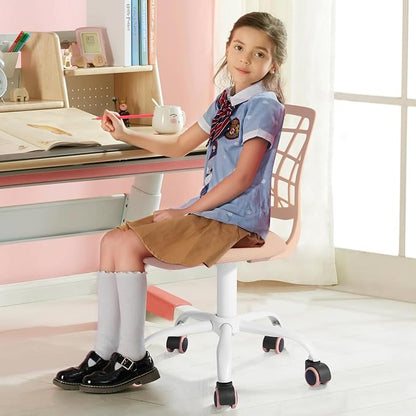 FurnitureR Kids Desk Chair, Small Office Chair Armless Study Chair, Cute Chic Adjsutable Swivel Rolling Task Chair with Soft Cushion for Kids Teens Children Student, Rose
