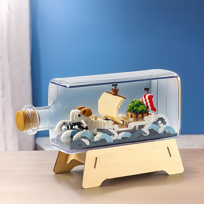 HI-REEKE Going Merry Ship in a Bottle Micro Building Blocks Set, Anime Piece One Pirate Mini Bricks Boat Model Battleship Toy Kit for Adults Kids Teens -1778PCS