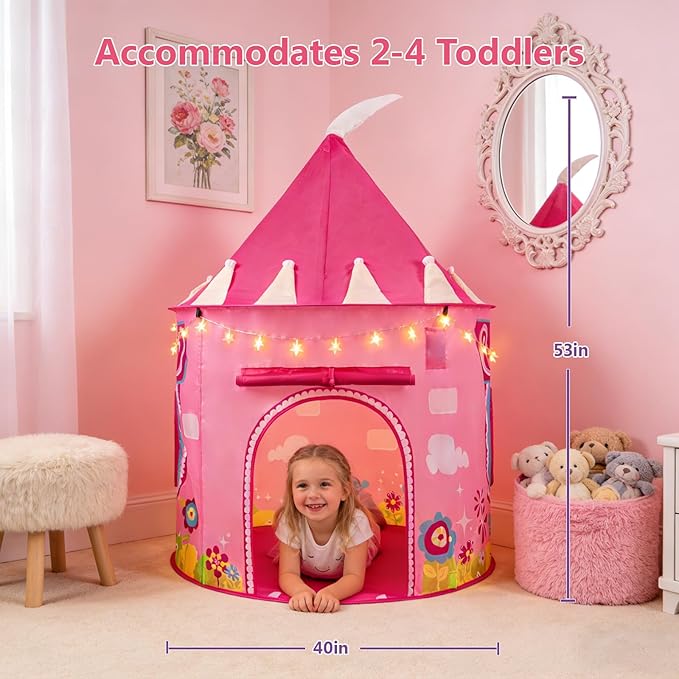 Princess Castle Play Tent for Kids, Girls' Pop-Up Play Tent with Star Lights, Indoor/Outdoor Foldable Pink Play Tent Fabulous Gift for Little Girls
