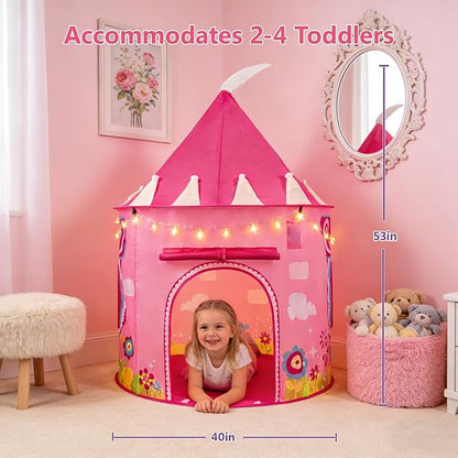 Princess Castle Play Tent for Kids, Girls' Pop-Up Play Tent with Star Lights, Indoor/Outdoor Foldable Pink Play Tent Fabulous Gift for Little Girls