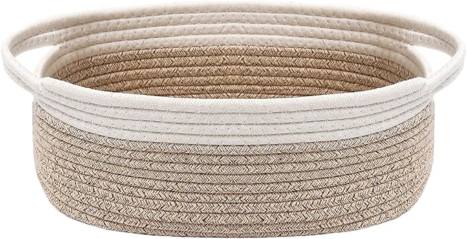 JMvicyroam Woven Basket,Small Rope Storage Bin with Handles & Ribbon Bag, Organizer for Shelves Closets,Gift Basket Empty for Birthday,Books,Dog Toys, White&Oatmeal