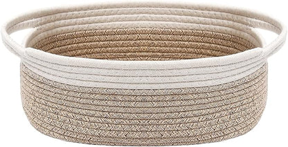 JMvicyroam Woven Basket,Small Rope Storage Bin with Handles & Ribbon Bag, Organizer for Shelves Closets,Gift Basket Empty for Birthday,Books,Dog Toys, White&Oatmeal