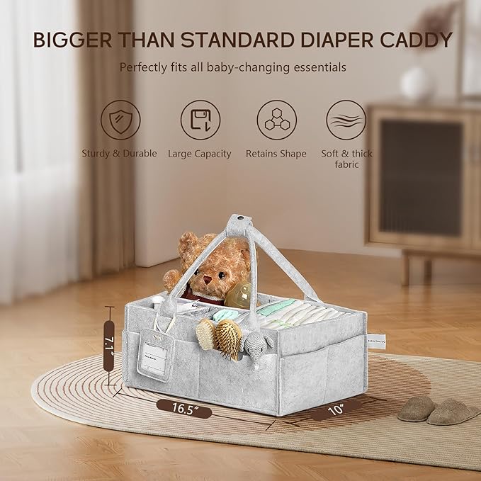 GEMII Diaper Caddy Organizer-Large Baby Caddy Organizer with Handle，Newborn Registry Essentials，Baby Shower Gift Basket for Boy or Girl (Gray, Large)