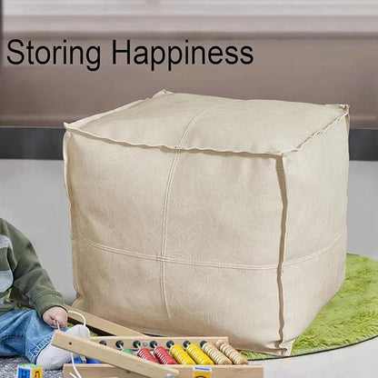 Louis Donné Unstuffed Pouf Ottoman Footstool Cover Handmade Faux PU Leather Moroccan footrest Cover for Living Room Storage Clothes blancket Balcony Office Outdoor Square Beige 17.7"(Only Cover)