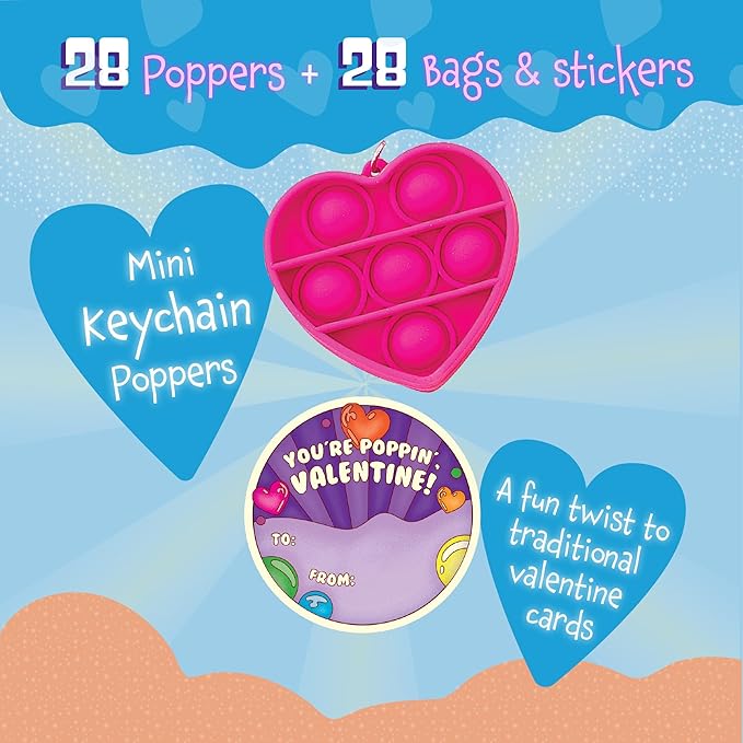 Peaceable Kingdom Valentines Cards for Kids Classroom, Set of 28 Valentines Day Gifts - Mini Popper Heart Pop It Fidgets