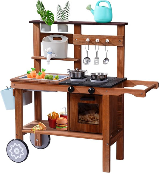 ROBOTIME Mud Kitchen for Kids Outdoor, Wooden Kids Kitchen Playset with Wheels, Outdoor Play Kitchen with Accessories, Fun Backyard Pretend Outdoor Toy Kitchen for Boys Girls Ages 3+