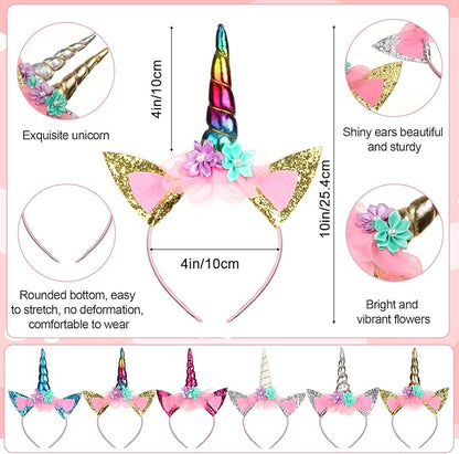 Jexine 18 Piece Unicorn Party Favors Include 9 Unicorn Headbands and 9 Unicorn Rainbow Beaded Bracelets Unicorn Horn Flower Headband for Girls Teen Birthday Back to School Gifts